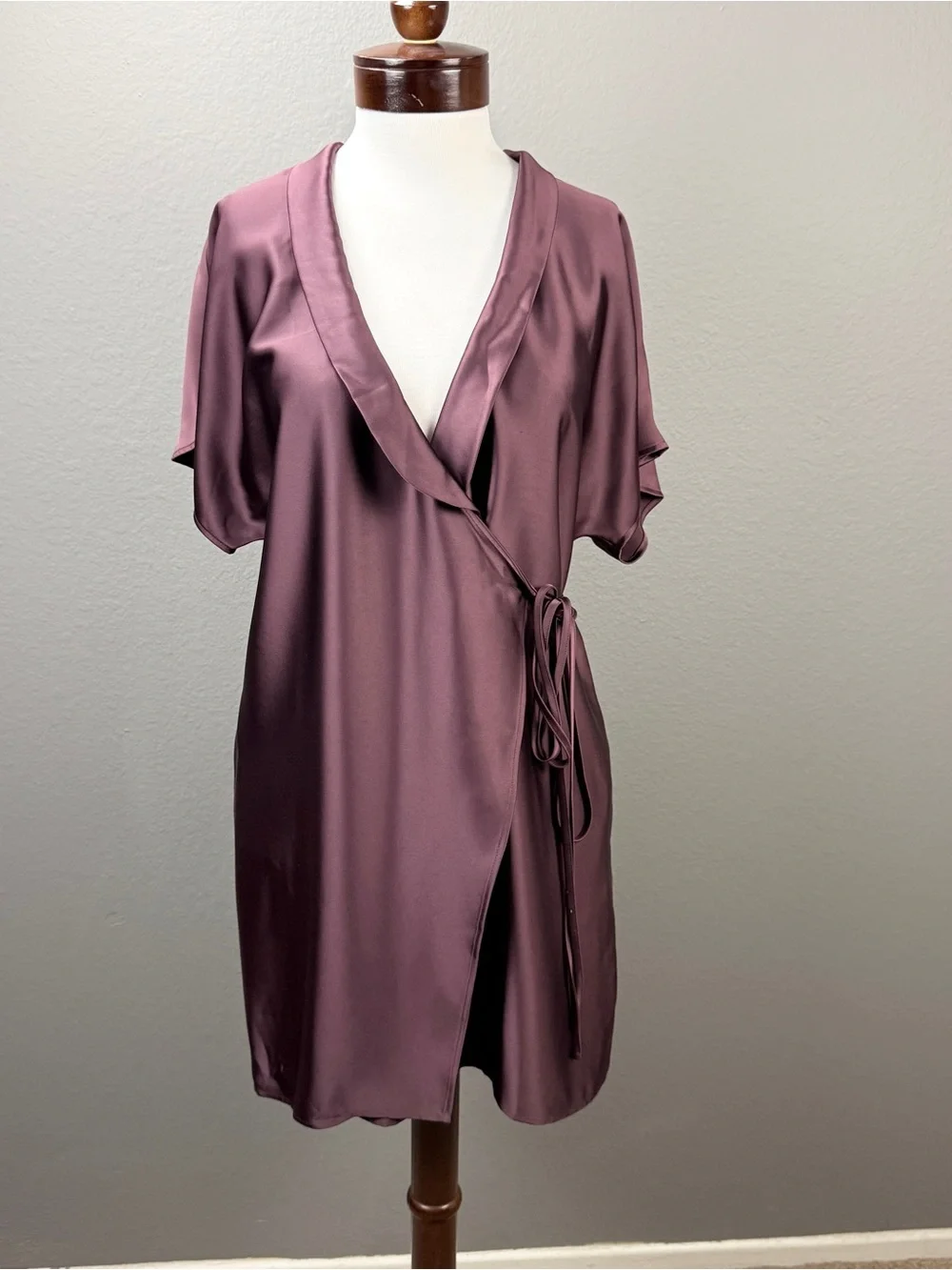 AYR Burgundy Plum Satin Kimono Wrap Mini Dress Shawl Collar Tie Waist Pockets M